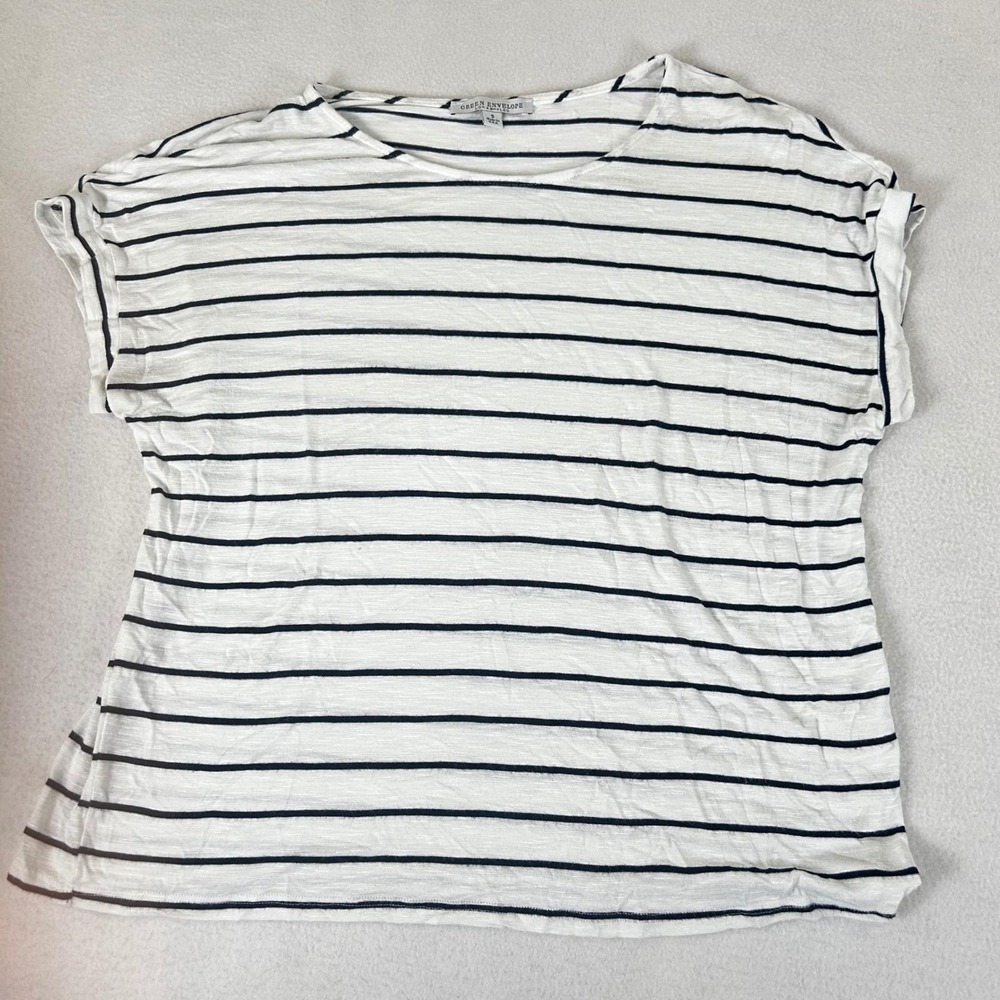 Green Envelope T-Shirt Women Small White Striped Nautical Casual Basic Top - Picture 4 of 11